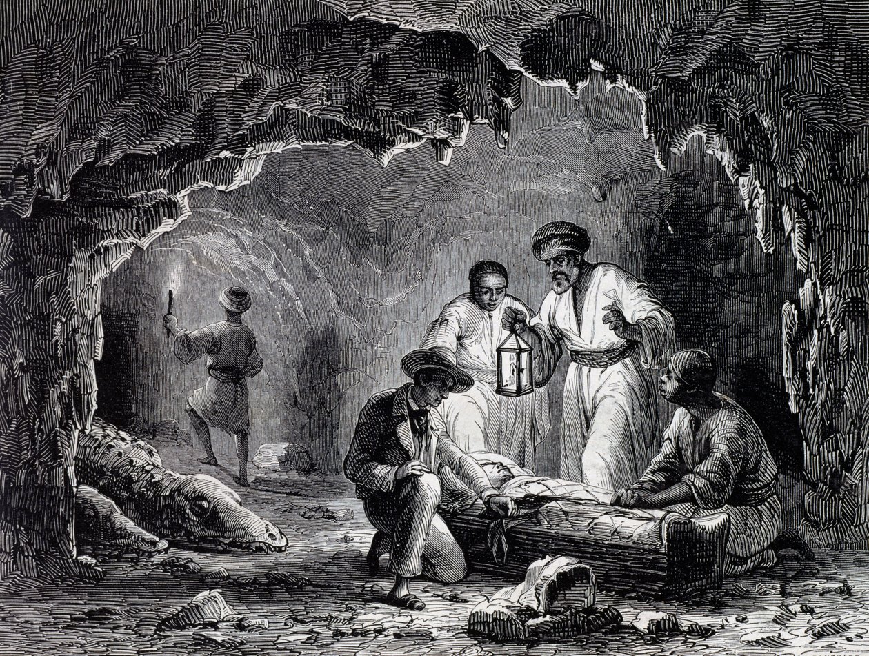Arkæologiske opdagelser i hulerne i Samoun, gravering baseret på tegning af Karl Girardet (1813-1871) af Karl Girardet