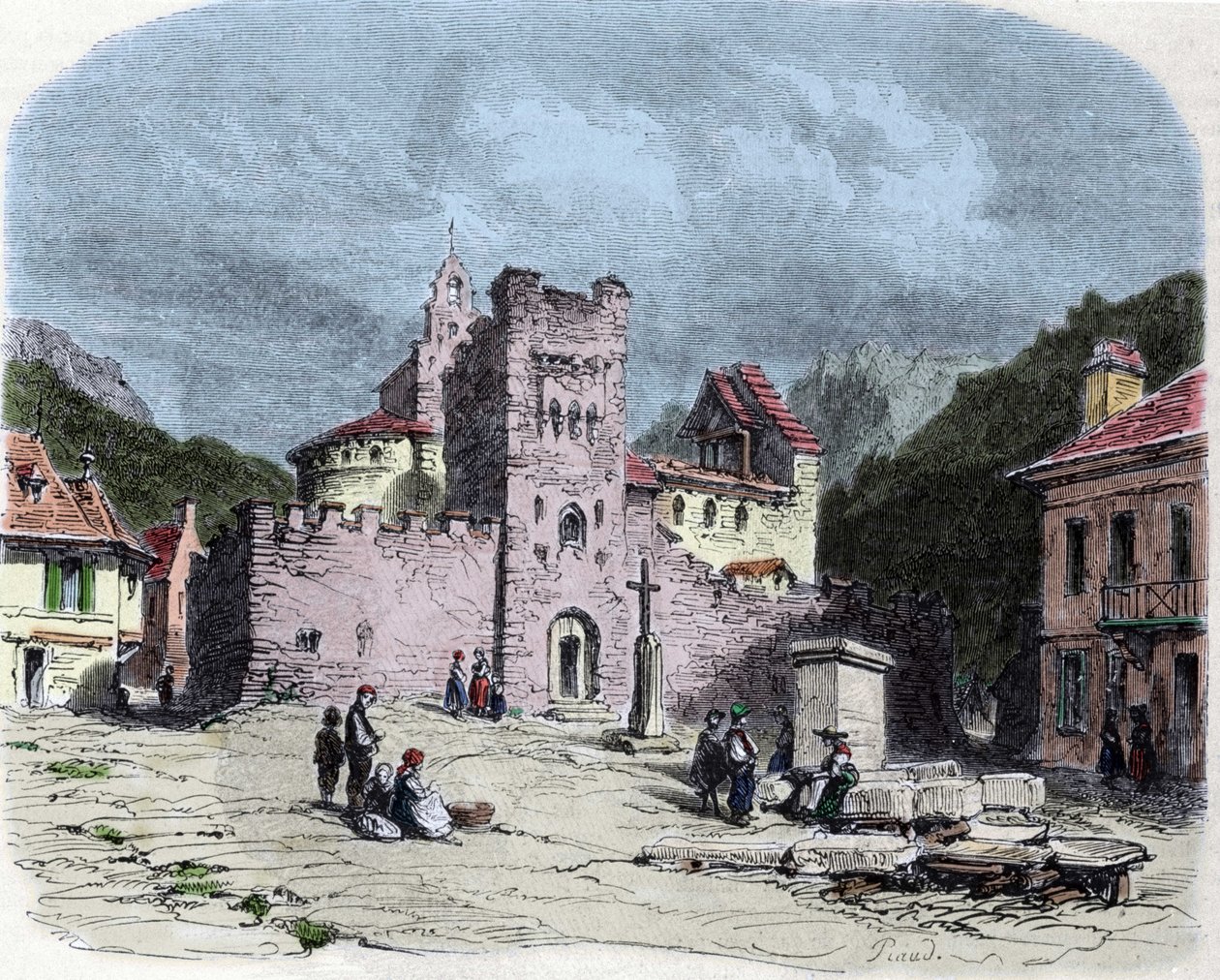 Kirke for ridderne af tempelordenen (templarerne) i Luz Saint Saviour (Luz-Saint-Sauveur eller Luz St Saviour, Luz-St-Sauveur). Tegning af Karl Girardet (1813-1871) af Karl Girardet