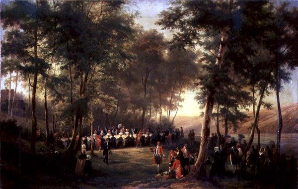Frokost givet af Louis-Philippe (1773-1850) til dronning Victoria (1819-1901) i Eu-skoven, 6. september 1843, 1844 (se også 379713) af Karl Girardet