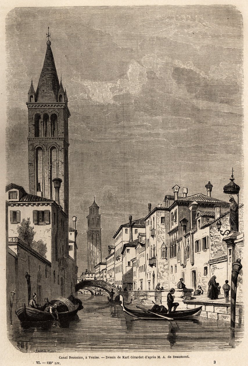 Rezonico-kanalen, tegning af Karl Girardet (1813-1871), for at illustrere Adalbert de Beaumonts rejse til Venedig, ca. 1850. Indgravering i "" Le tour du monde"", redigeret af Edouard Charton af Karl Girardet