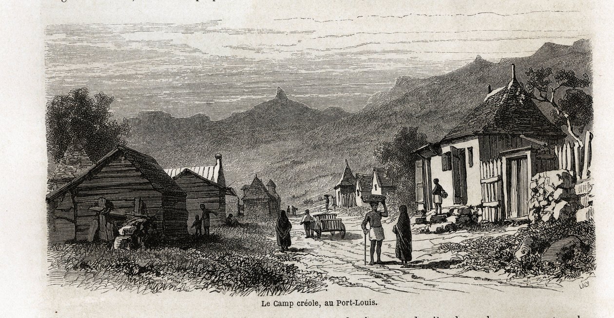 Lejr-kreolen i Port Louis, tegning af Karl Girardet (1813-1871), for at illustrere Alfred Verneys ophold på Mauritius i 1861. Indgravering i "" Le tour du monde"", redigeret af Edouard Charton af Karl Girardet