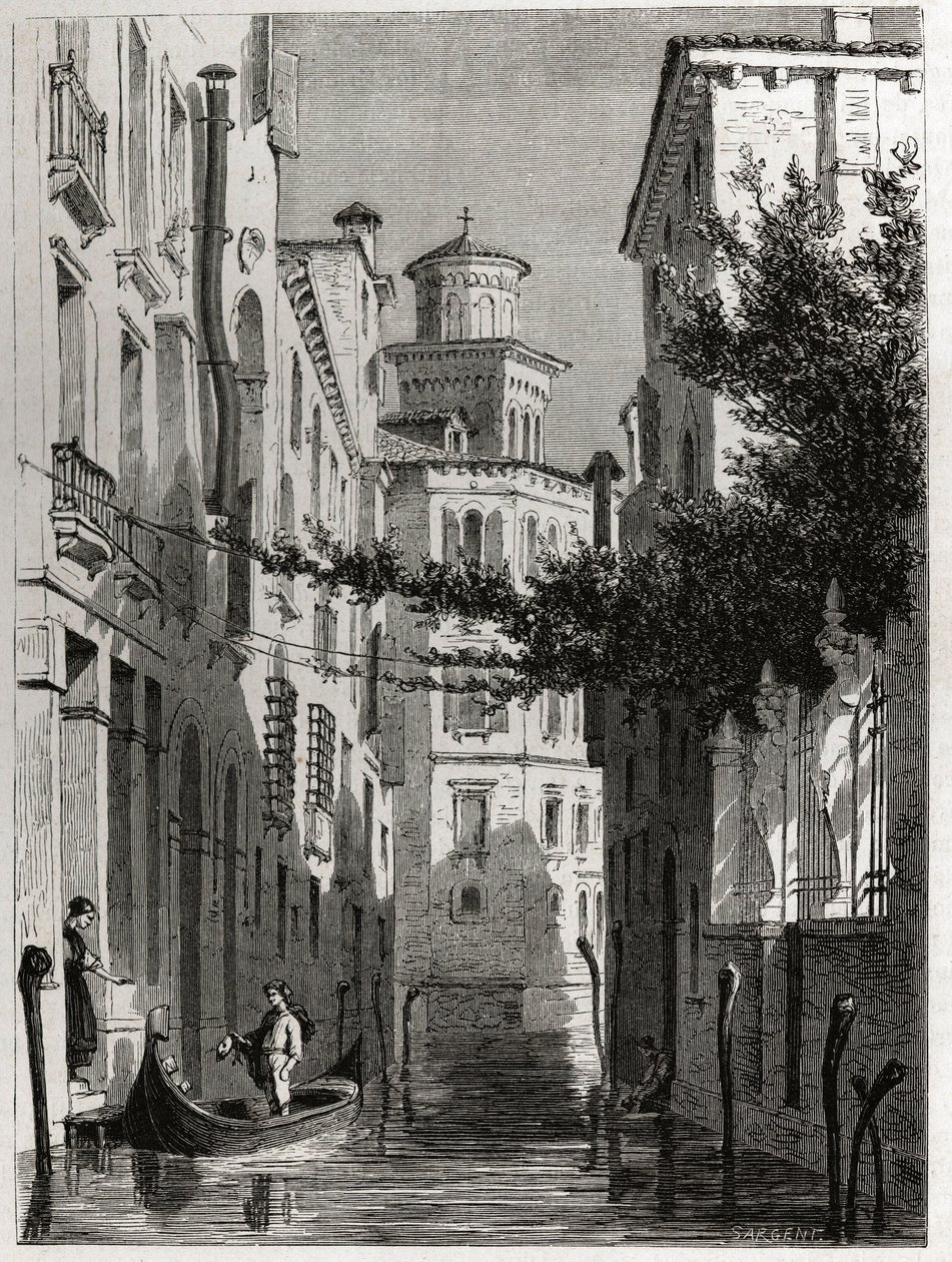 Bianca Cappellos palads i Venezia, Venedig. tegning af Karl Girardet (1813-1871), for at illustrere Adalbert de Beaumonts rejse til Venedig, omkring 1850. Indgravering i “” Le tour du monde””, redigeret af Edouard Charton af Karl Girardet