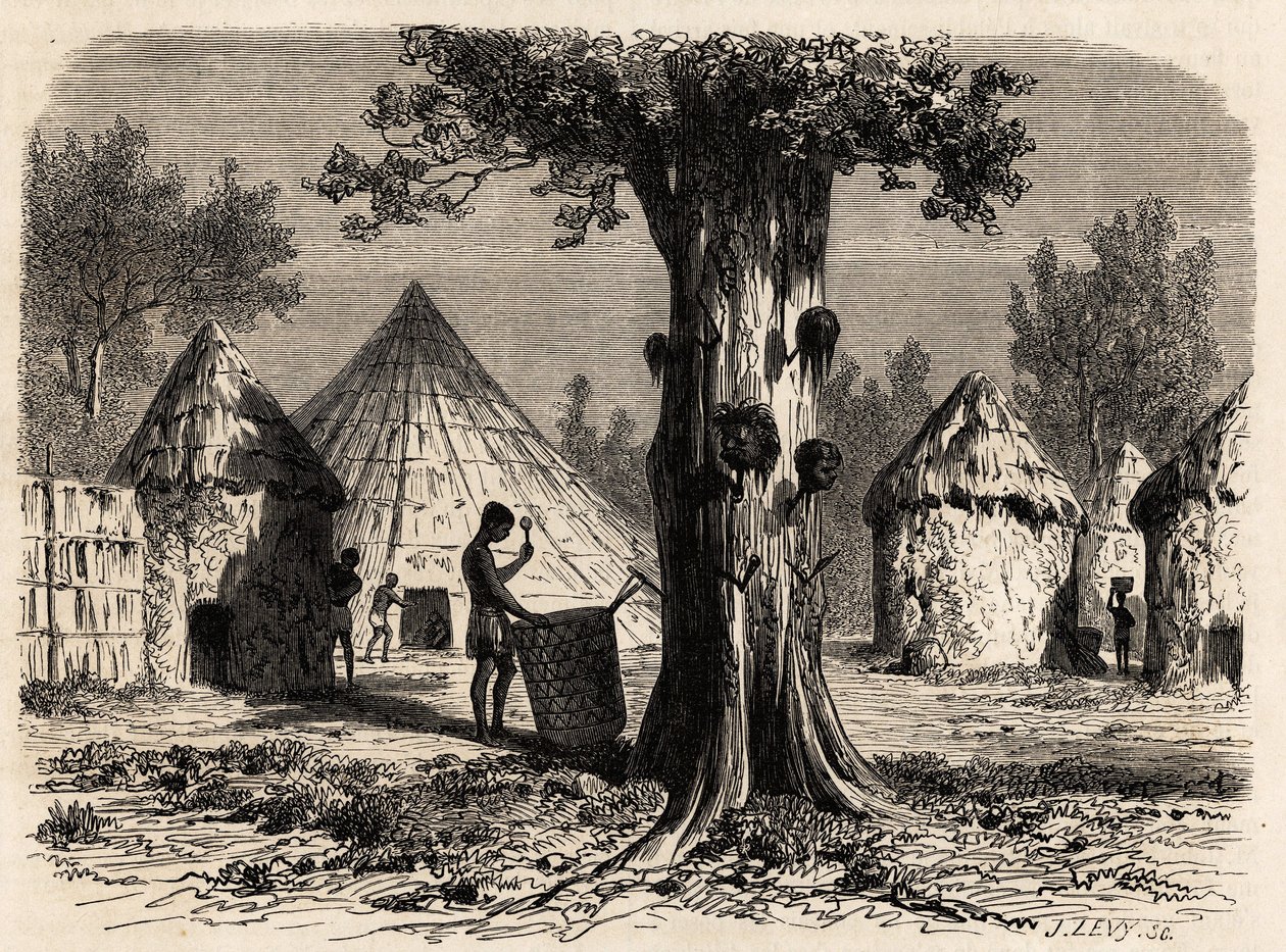 Krigens træ, i en landsby Djour, Bahr-el-Gazal-regionen, Sudan, tegning af Karl Girardet (1813-1871) for at illustrere rejsen til floden af gazellerne i A. Bolognesi, i 1856-1857. Indgravering i "" Le tour du monde"", redigeret af Edouard Charton af Karl Girardet
