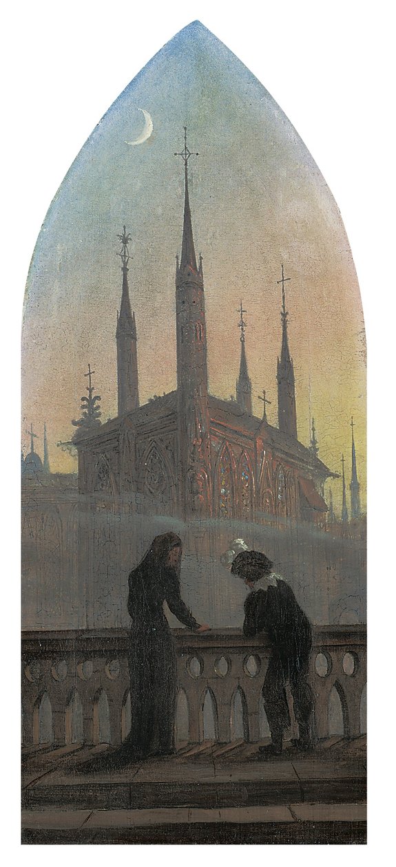 Folk i gammelt tyske klæder sig i kontemplation af en middelalderby af Karl Gustav Carus