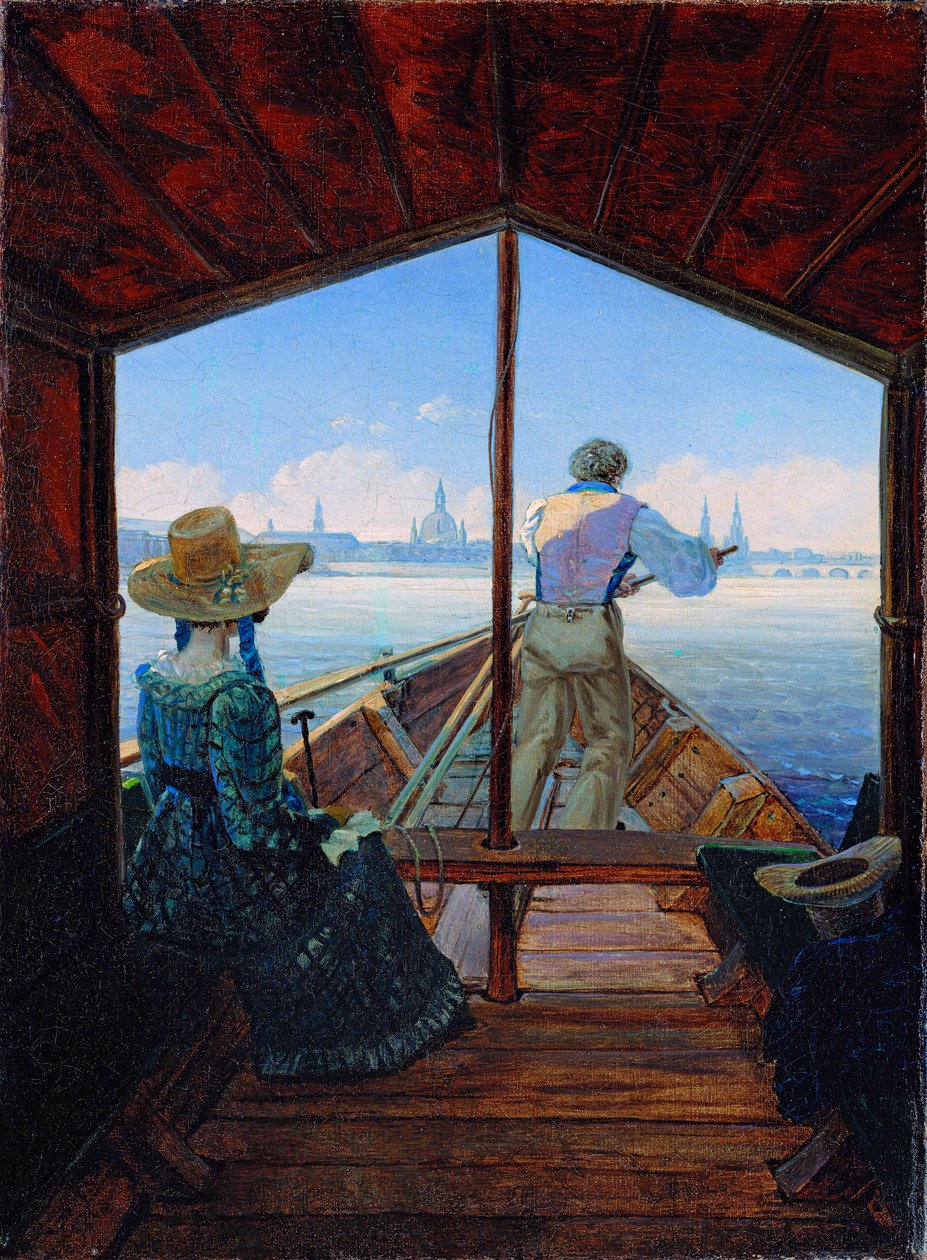 ""Tidlig morgen på Elben"" sejltur på Elben ved Dresden (Pramtur på Elben ved Dresden (Morgen på Elben) Maleri af Carl Gustav Carus (1789-1869) Olie på lærred 1827 Dim 29x22 cm Museum Kunstpalast, Düsseldorf af Karl Gustav Carus