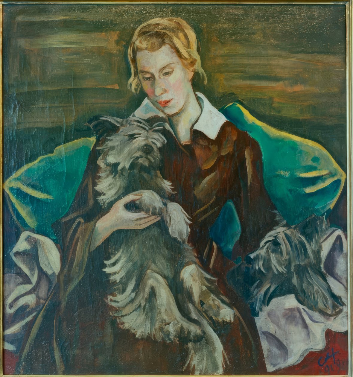 Portræt af Felicitas Haller med sine skyeterriere Romulus og Remus af Karl Hofer