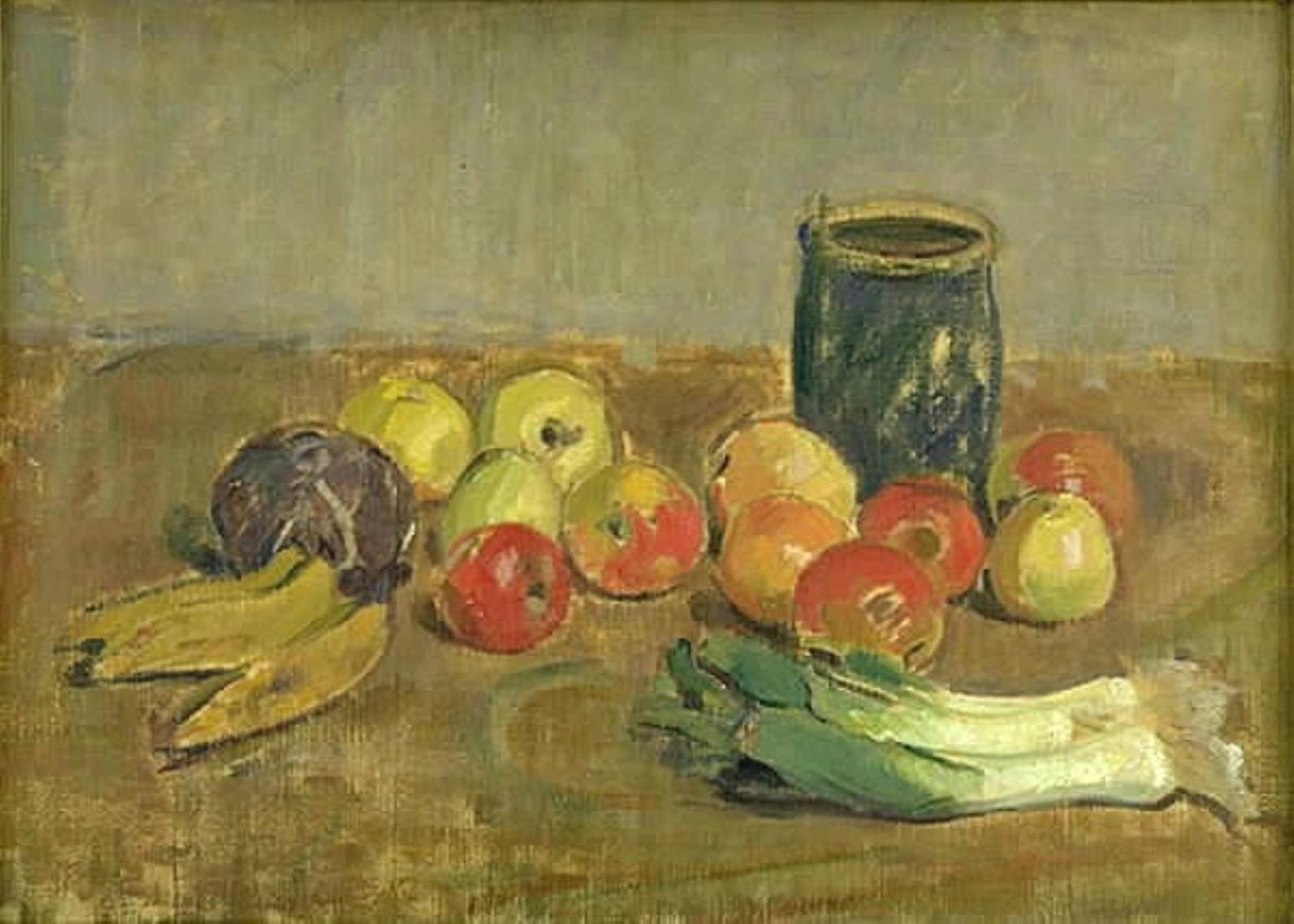Stilleben. Æbler, porrer, bananer og grøn krukke af Karl Isakson