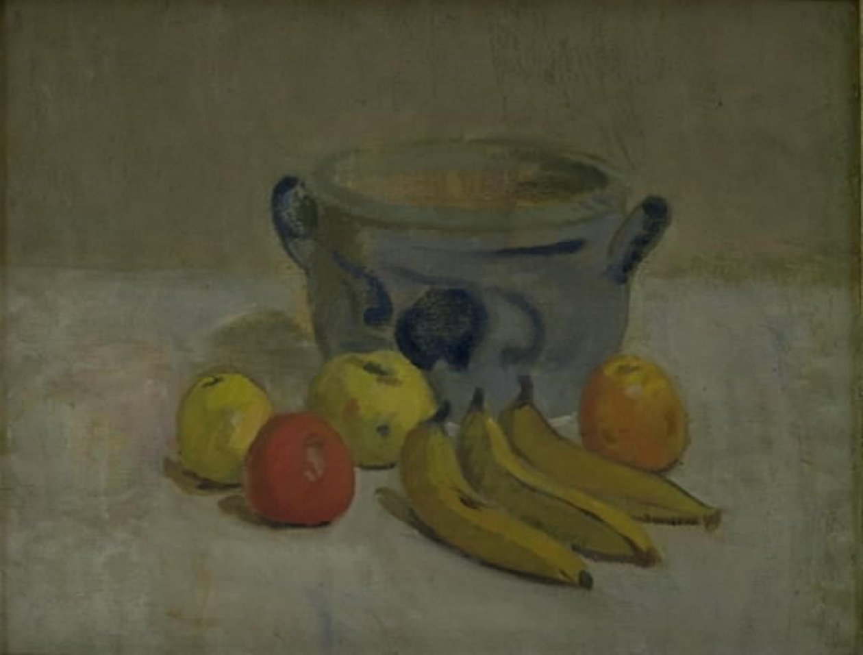Stilleben med grå krukke, æbler og bananer af Karl Isakson