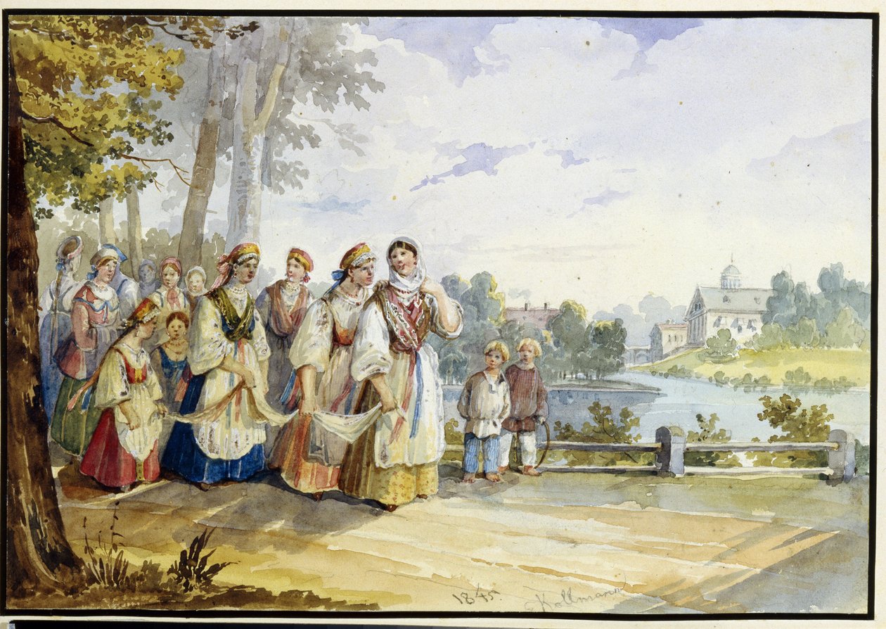 Russiske bondepiger med festkjole. Værk af Karl Ivanovich Kolmann (1786-1846), akvarel på pap af Karl Ivanovich Kolmann
