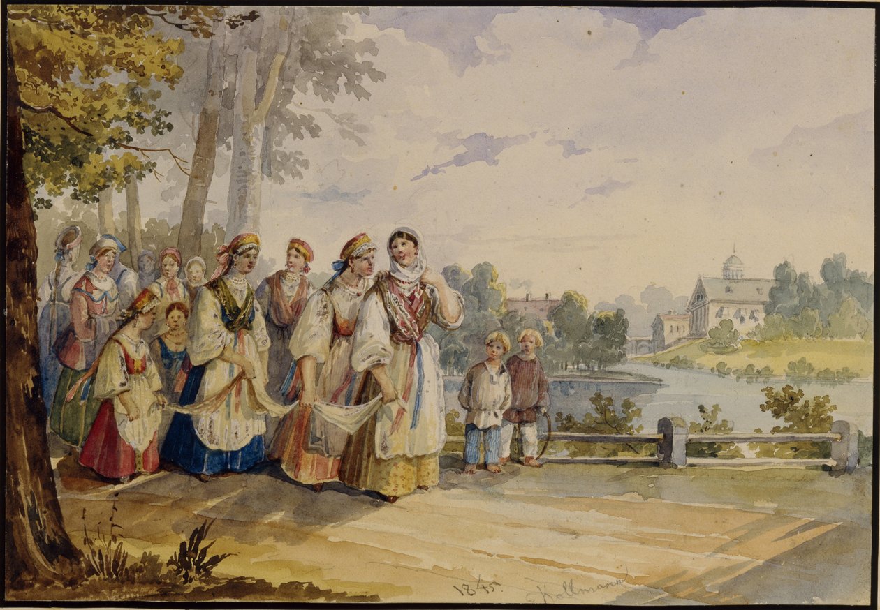 Russiske bondepiger med festkjole, 1845 af Karl Ivanovich Kolmann