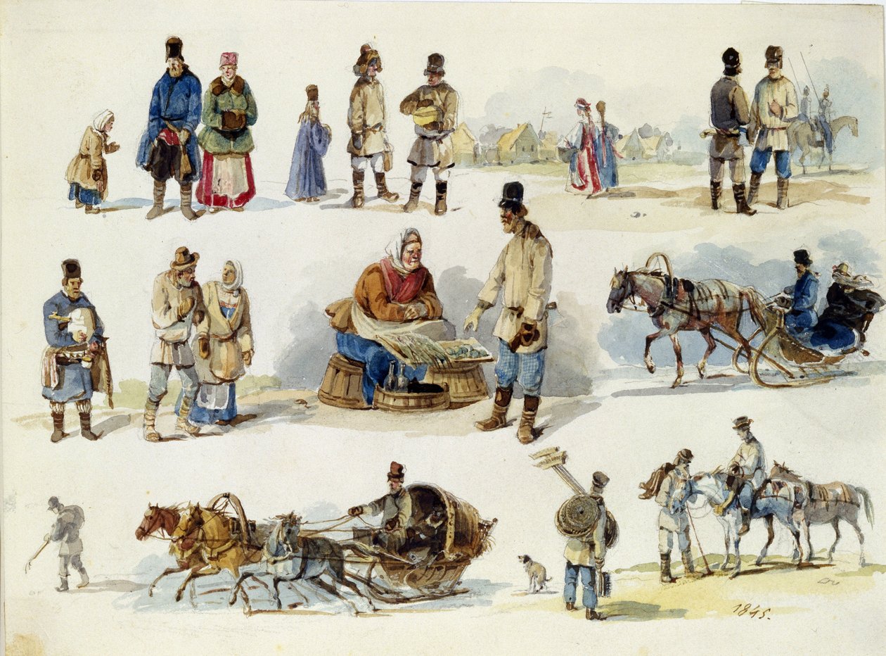 Russiske folketyper. (Folketyper af Rusland). Værk af Karl Ivanovich Kolmann (1786-1846), akvarel på pap af Karl Ivanovich Kolmann