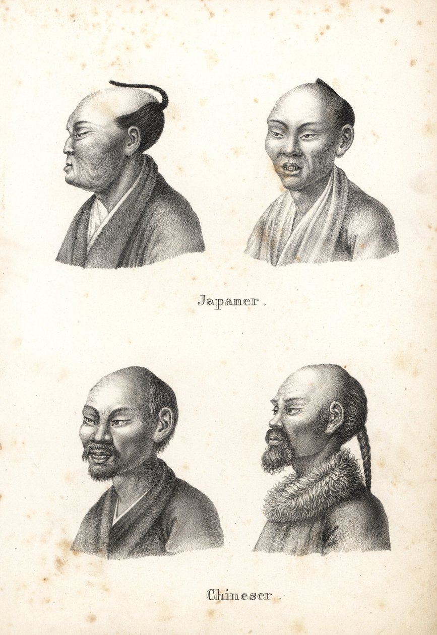 Buster af japanske mænd med chonmage topknot frisure, og kinesiske mænd med skæg, en med pigtail. Litografi af Karl Joseph Brodtmann fra Heinrich Rudolf Schinz