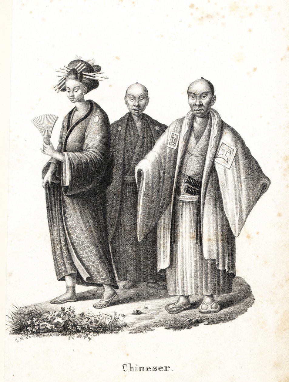 Japansk oiran og samurai. Japansk kurtisane i kimono med vifte og hårpynt, og to japanske samuraier i chonmage-frisure iført montsuki over hakama med to sværd (katana) i bæltet. (Med titlen kinesisk ved en fejl.) Litografi af Karl Joseph af Karl Joseph Brodtmann