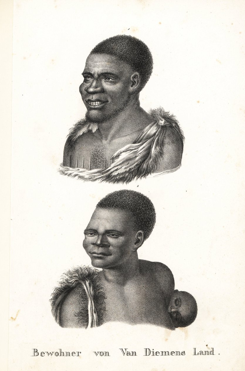 Indfødte fra Tasmanien, Van Diemens Land. Grou Aagara, mand med scarification på brystet og dyrehudkappe, og Arra-Maida, kvinde med barn på ryggen i kænguru-papoose. De Tasmanske indfødte blev udryddet af kolonister. Kopieret fra Nicolas Marti af Karl Joseph Brodtmann