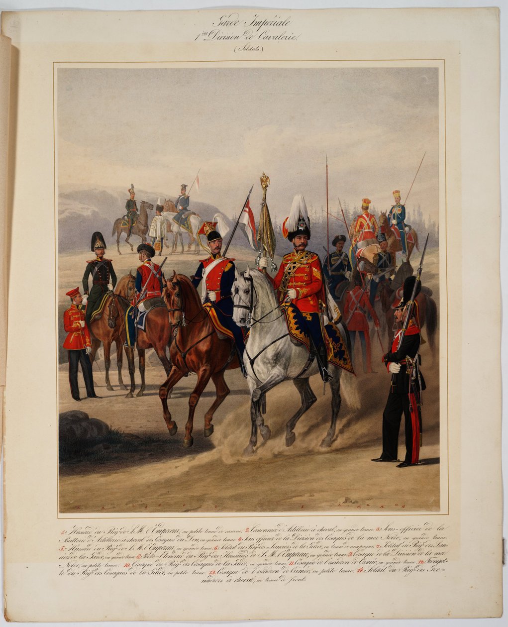 Garde imperiale: 1ere division de cavalerie - Soldater fra den 1. garde kavaleridivision af den russiske kejserlige garde - Piratsky, Karl Karlovich (1813-1889) - 1867 - Farvelitografi - 56x45 - Privat samling af Karl Karlovich Piratsky