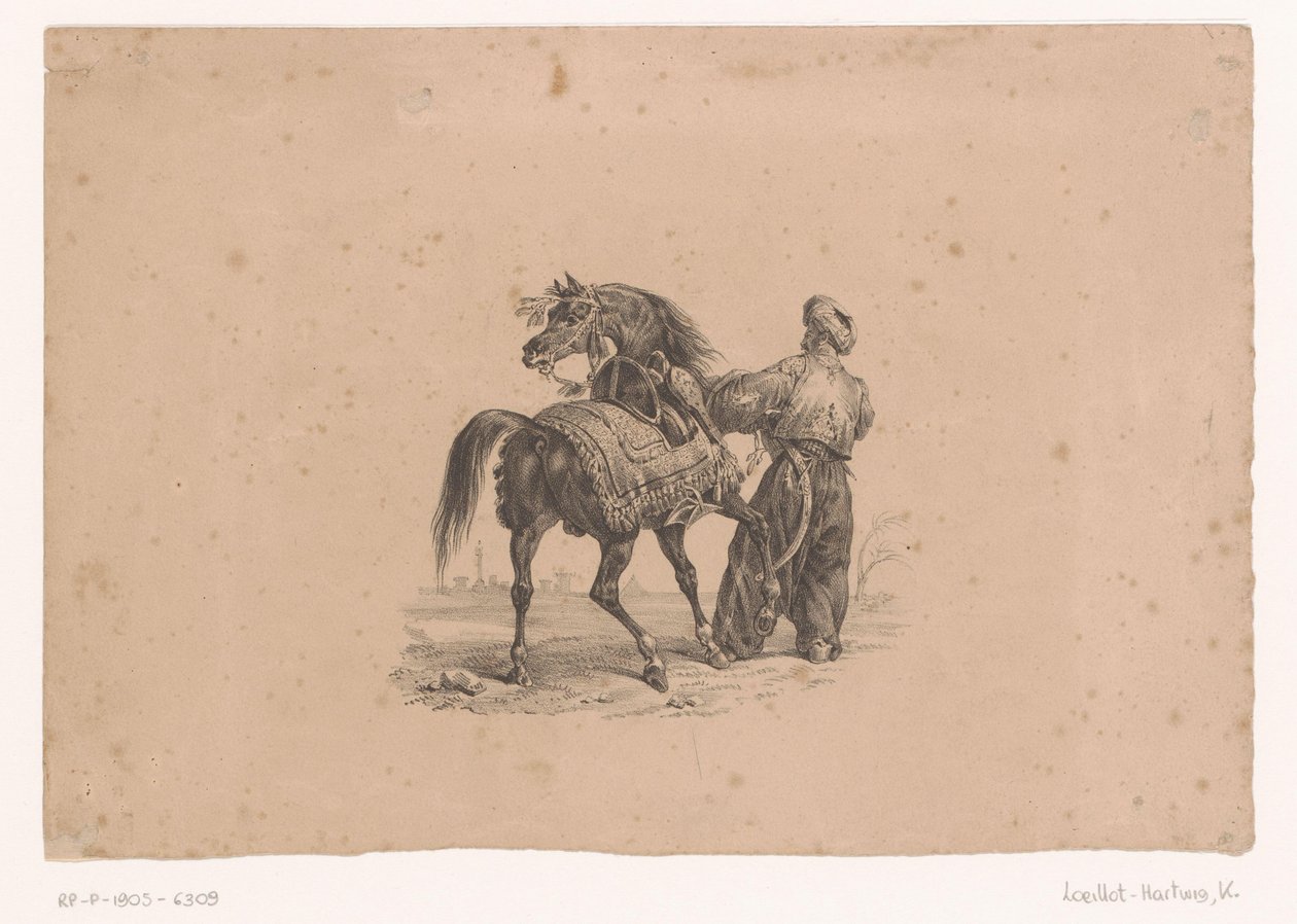 Hest og stående mand i osmannisk tøj Heste og ryttere (serietitel) af Karl Loeillot Hartwig
