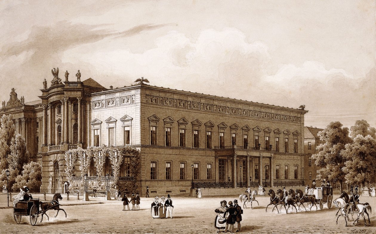 Unter den Linden, Berlin. Prins Wilhelms Palads, bygget af Karl Langhans i 1834-36, og Det Kongelige Bibliotek, bygget af Georg Christian Unger 1775-78 efter planer af Josef Emanuel Fischer von Erlach, med udsigt over Platz am Opernhaus, af Karl Loeillot Hartwig