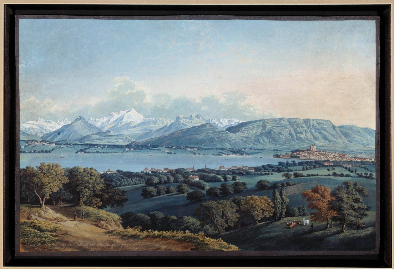 Udsigt over Genève med Leman-søen og Mont Blanc akvarel af Karl Hackert (1740-1800) 1800-tallets privatsamling af Karl Ludwig Hackert