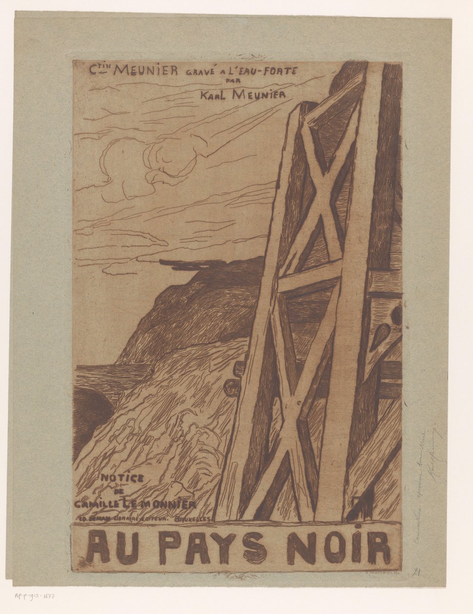 Bjerglandskab med industrielt byggeri Titelside for: Lemonnier, Au Pays Noir, [1885] af Karl Meunier