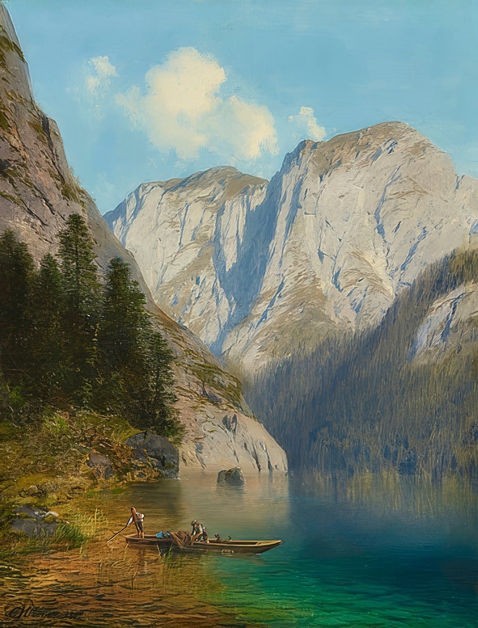 Fiskere i båden på bredden af ​​en bjergsø. 1882 af Karl Millner