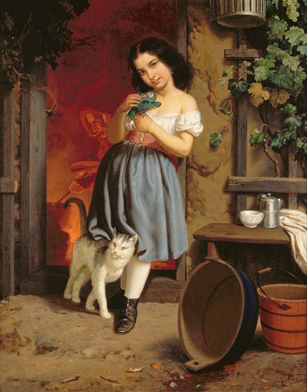 En ung pige med en kat, 1866 olie på lærred af Karl Nahl