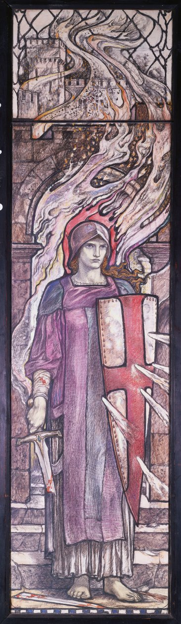 Fortitude: Design til farvet glas i All Saints Church, Eastchurch, Isle of Sheppey, ca. 1912 (sort og farvet kridt, akvarel og kropsfarve) af Karl Parsons
