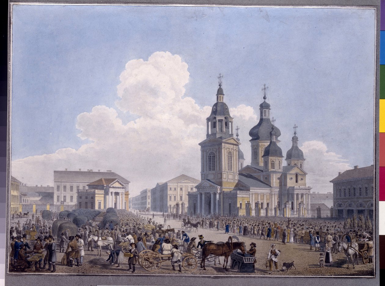 Hay Market Place og Assumption Church i Skt. Petersborg. Værk af Karl Petrovich Beggrov (1799-1875), akvarel på papir af Karl Pavlovich Beggrov