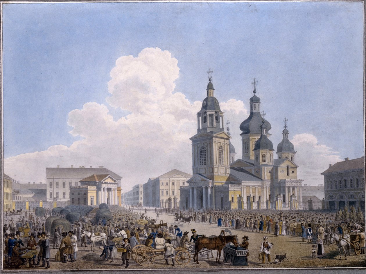 Hay-market Place og Assumption Church i Sankt Petersborg - Værk af Karl Petrovich Beggrov (1799-1875), akvarel på papir (10,3x15,1 cm),1820-1830 - State Russi af Karl Pavlovich Beggrov