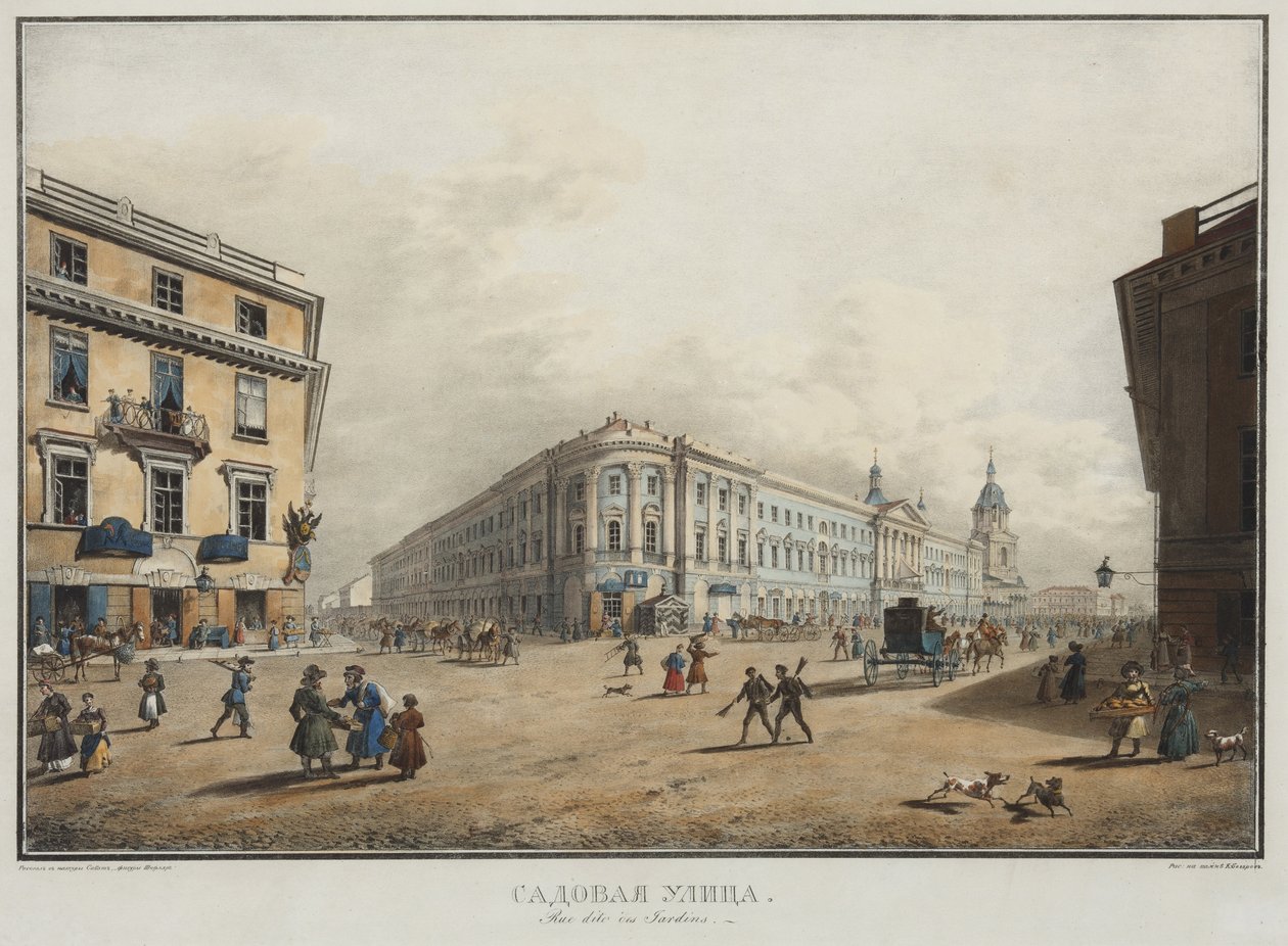 Udsigt over Sadovaya-gaden i Sankt Petersborg - Karl Petrovich Beggrov (1799-1875). Litografi, akvarel af Karl Pavlovich Beggrov