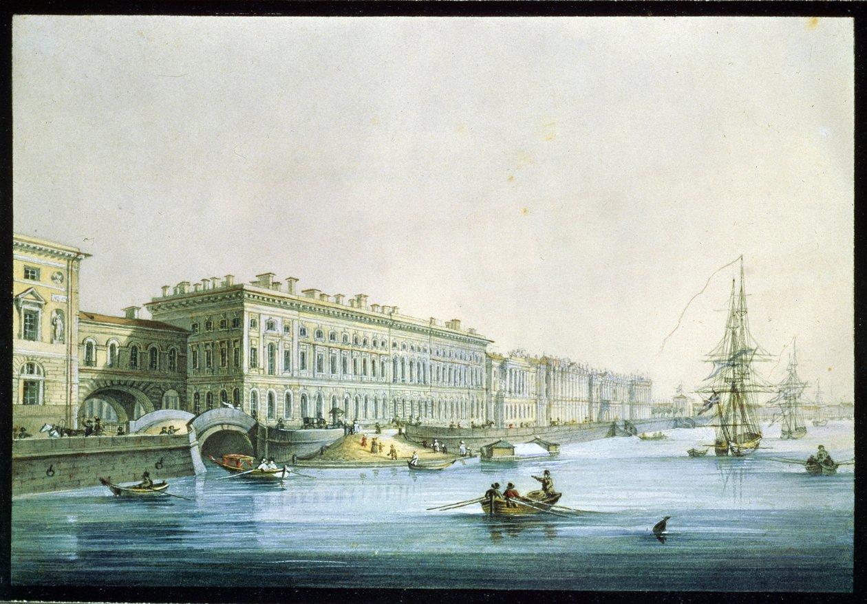 Udsigt over paladsdæmningen i St. Petersborg. Maleri af Karl Petrovich Beggrov (1799-1875). Akvarel og blæk på papir, ca. 1830, russisk kunst fra 1800-tallet, klassicisme. Statens russiske museum, Sankt Pet af Karl Pavlovich Beggrov