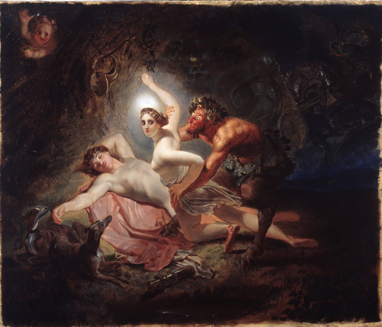 Diana, Endymion og en Satyr (Diana, Endymion og Satyr) - Maleri af Karl Pavlovich Briullov (Briullov) (1799-1852), olie på pap af Karl Pavlovich Bryullov