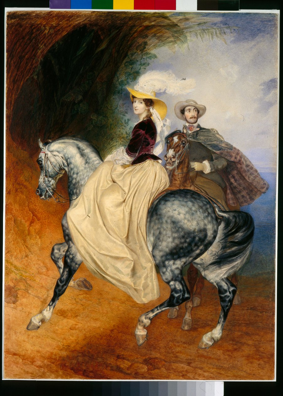 Rytterne: portrætter af Eugene Mussard (ca. 1814-1896) og hans kone Emilie (ca. 1832-1896) - Værk af Karl Pavlovich Briullov (Brioullov) (1799-1852) af Karl Pavlovich Bryullov