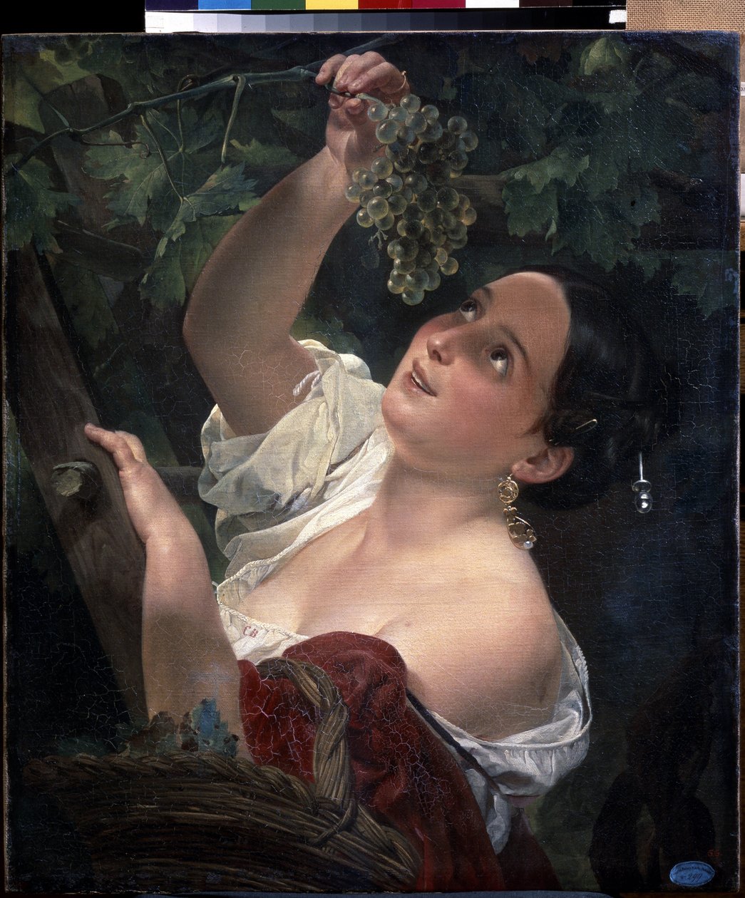 Italiensk middag (italiensk middag). Ung kvinde, bar skulder, plukker en klase druer - Maleri af Karl Pavlovich Briullov (Briullov) (1799-1852) - Olie på lærred af Karl Pavlovich Bryullov