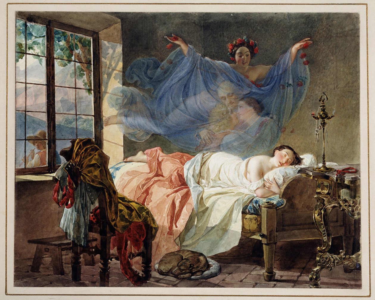 Drømme om en ung pige ved daggry - Værk af Karl Pavlovich Briullov (Briullov) (1799-1852) - Akvarel på pap af Karl Pavlovich Bryullov