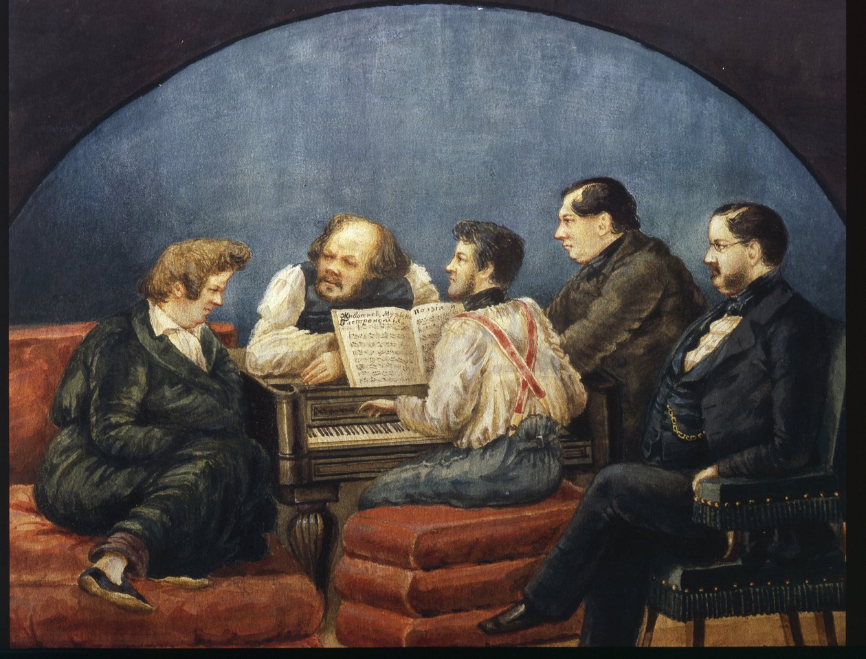 Komponisten Michail I Glinka og hans venner (Gruppeportræt af K Briullov, M Glinka, Y Yanenko, N Kukolnik) af Karl Pavlovich Bryullov