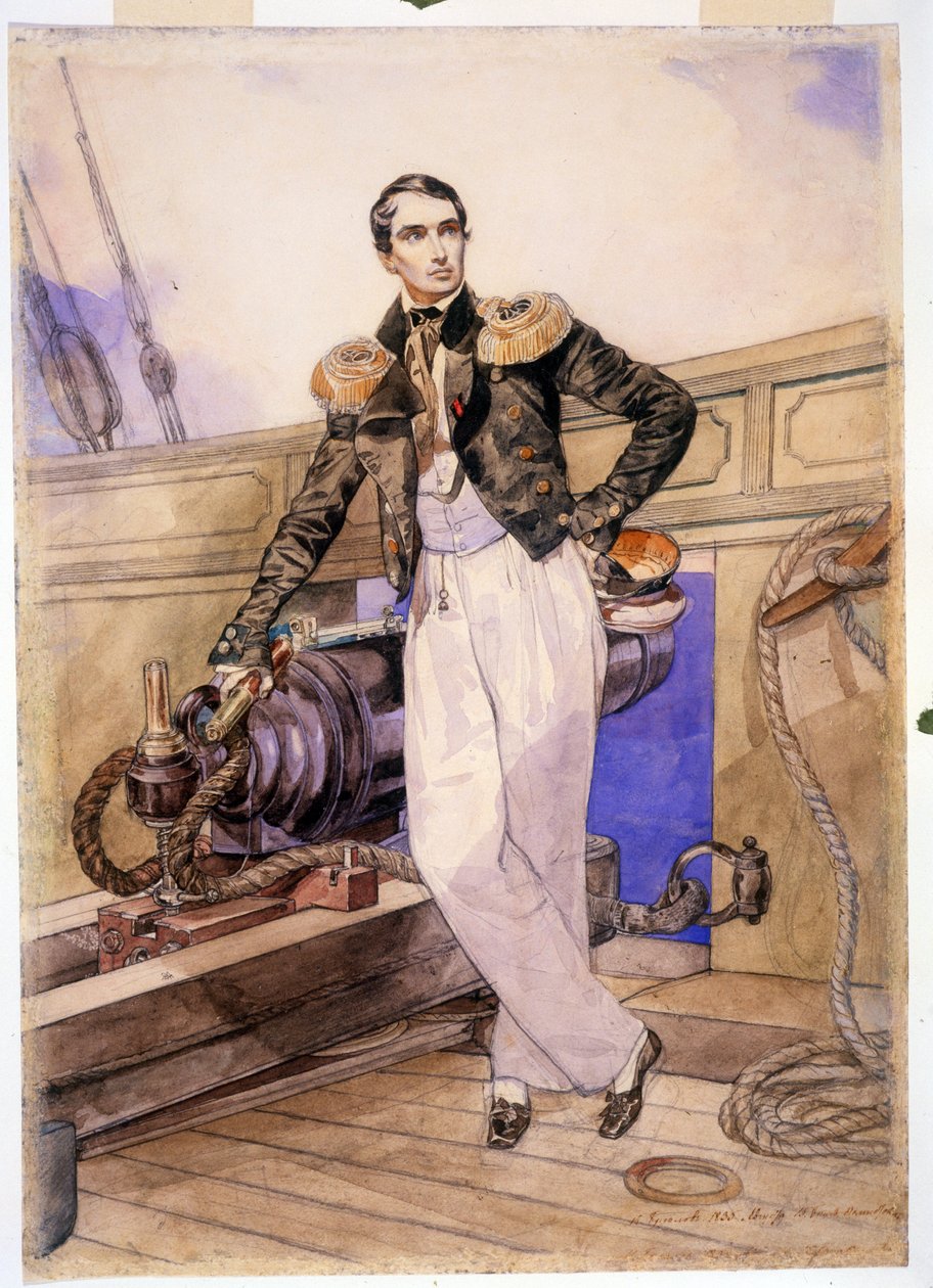 Vladimir Alekseevich Kornilov 1806-1854) ombord på briggen Themistocle. (Vladimir Alexeyevich Kornilov ombord på briggen Themistokles). Søofficer og stabschef for Sortehavsflåden, helten fra Krimkrigen (1853-1856), står af Karl Pavlovich Bryullov