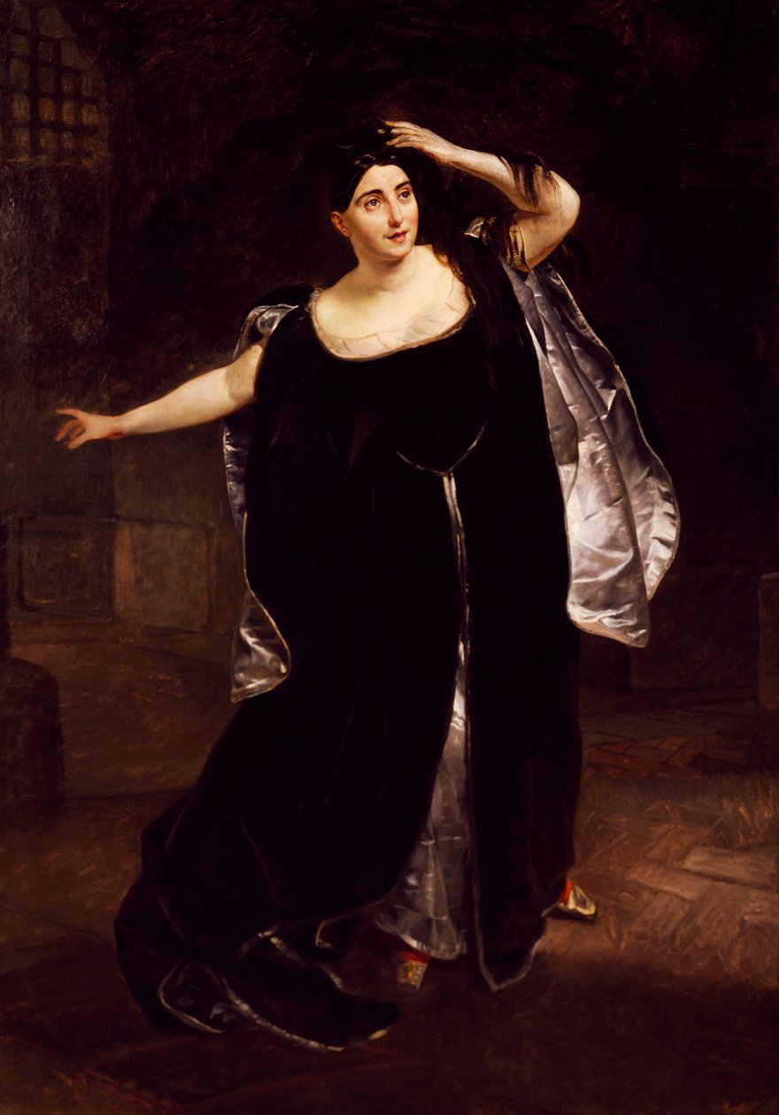 Giuditta Pasta (1797-1865), italiensk sopran, i Anna Bolenas gale scene, fra operaen af Gaetano Donizetti af Karl Pavlovich Bryullov