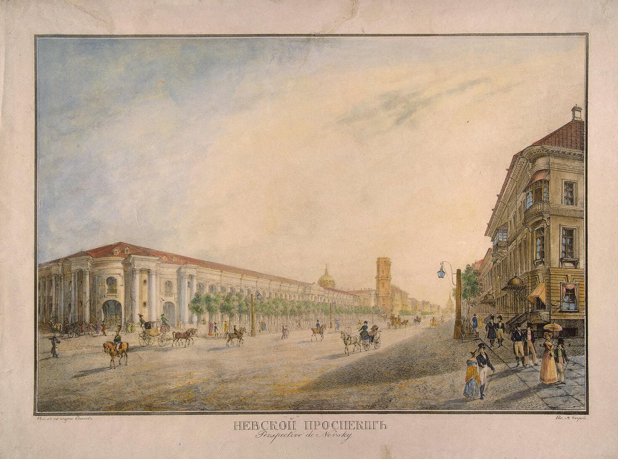 Udsigt over Nevsky Prospekt nær Gostiny Dvor i Sankt Petersborg, 1823 af Karl Petrovich Beggrov
