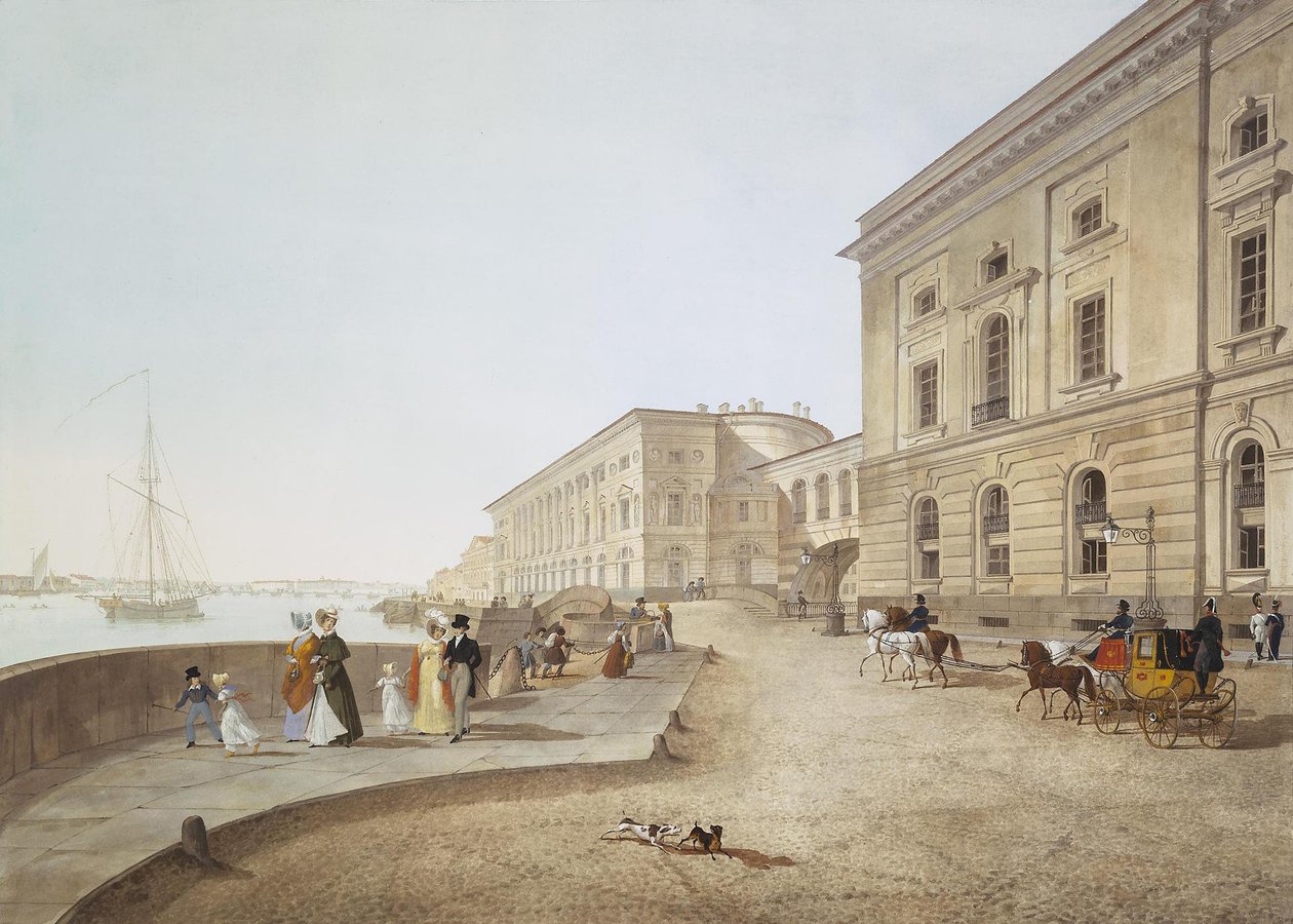 Udsigt over Neva Embankment ved Old Hermitage Building, 1824 af Karl Petrovich Beggrov