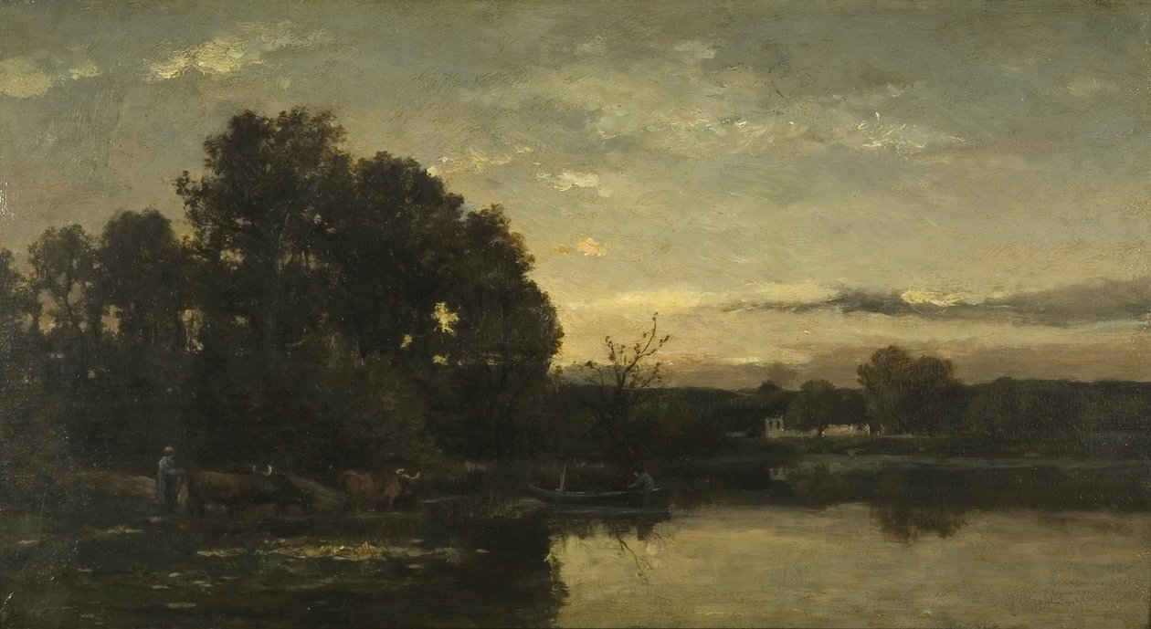 A River Landscape, ca. 1880 (olie på panel) af Karl Pierre Daubigny