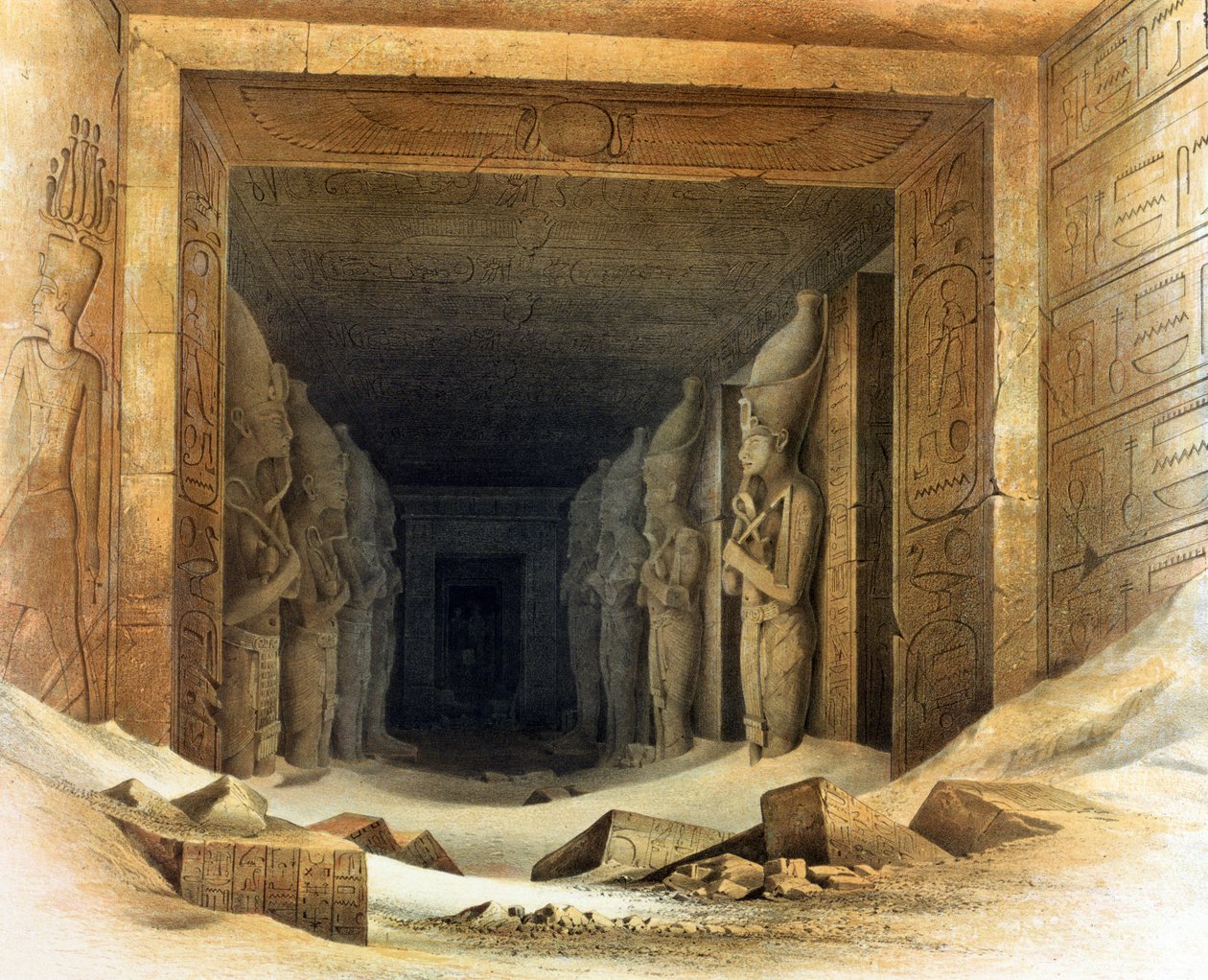 Kæmpe kalkstensstatuer af Ramses II (Ramses - 1304-1237 f.Kr.). Litografi efter Karl Richard Lepsius (1810-1884), preussisk egyptolog. De holder hver især en kæp og en slagle, symboler på kongedømme. af Karl Richard Lepsius
