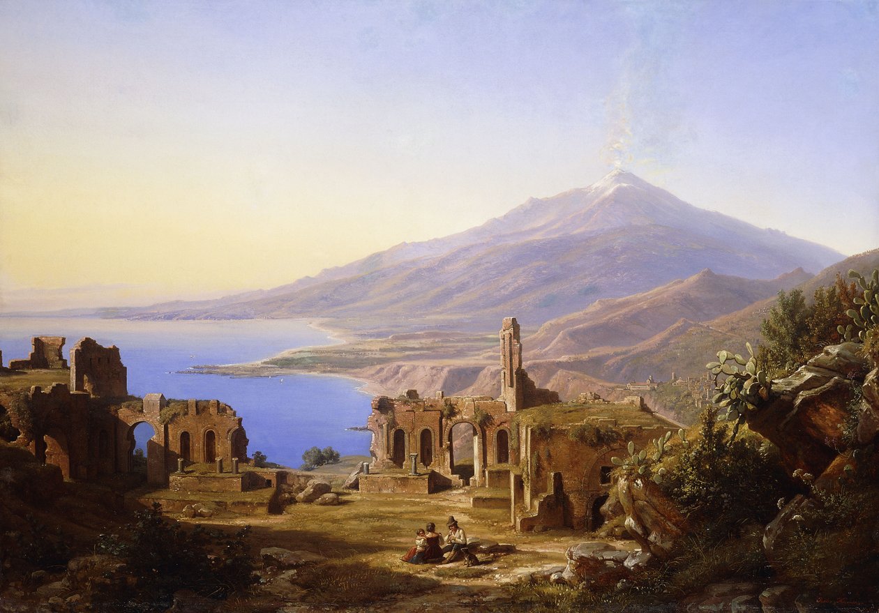 Græsk Teater, Taormina, med Etna hinsides, 1852 af Karl Robert Kummer