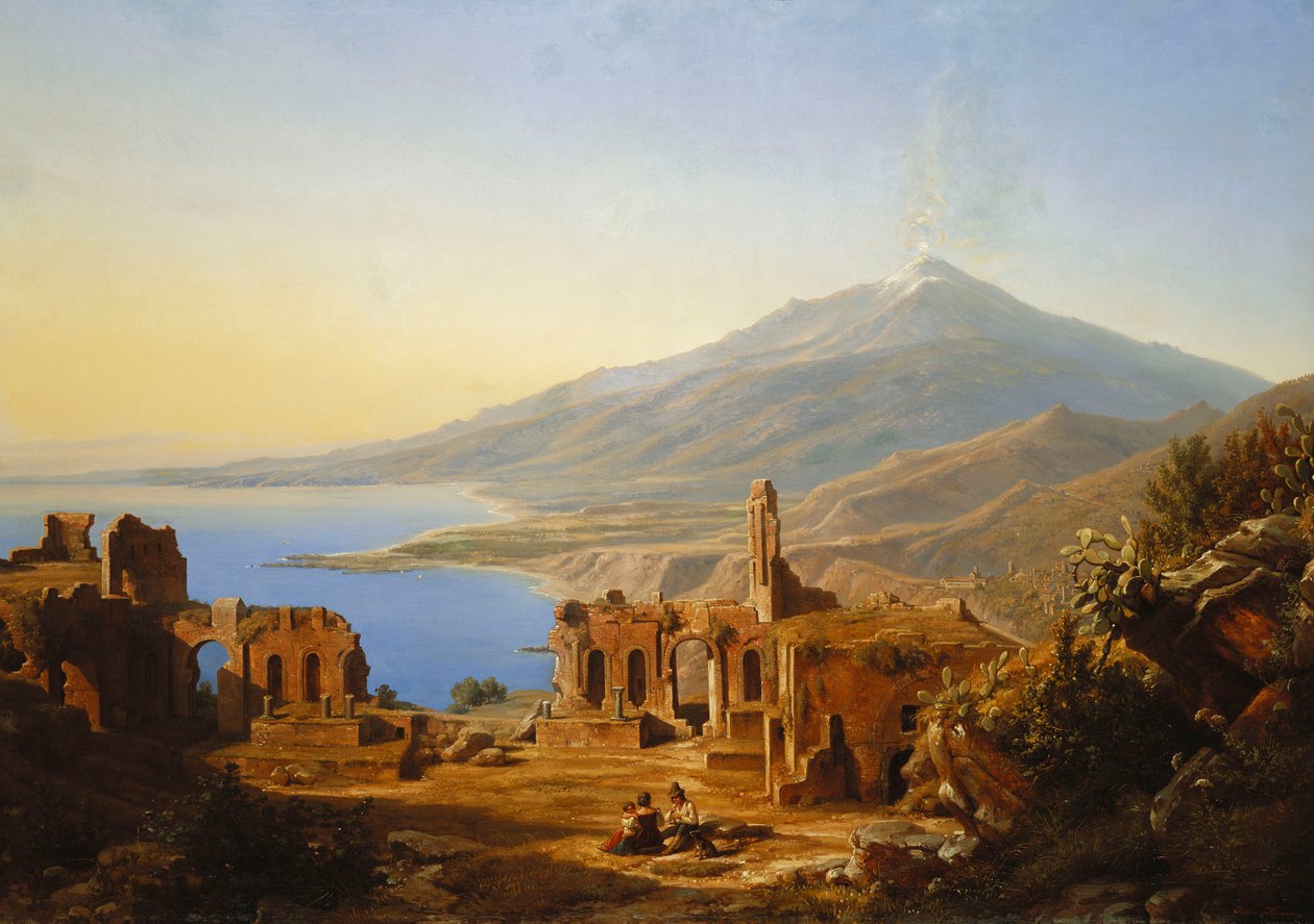 Græsk Teater, Taormina, med Etna hinsides, 1852 af Karl Robert Kummer