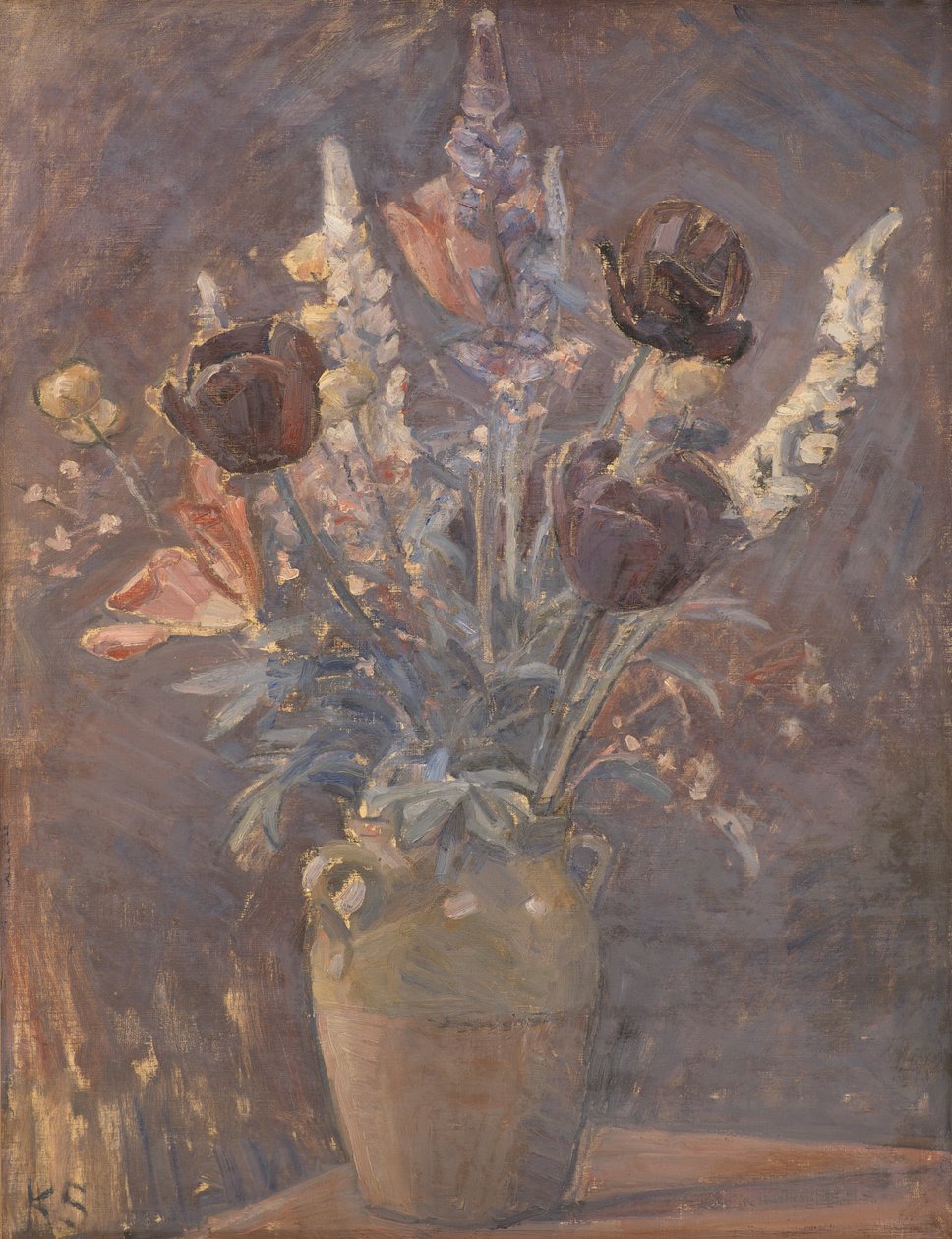 Lervase med tulipaner og andre blomster af Karl Schou