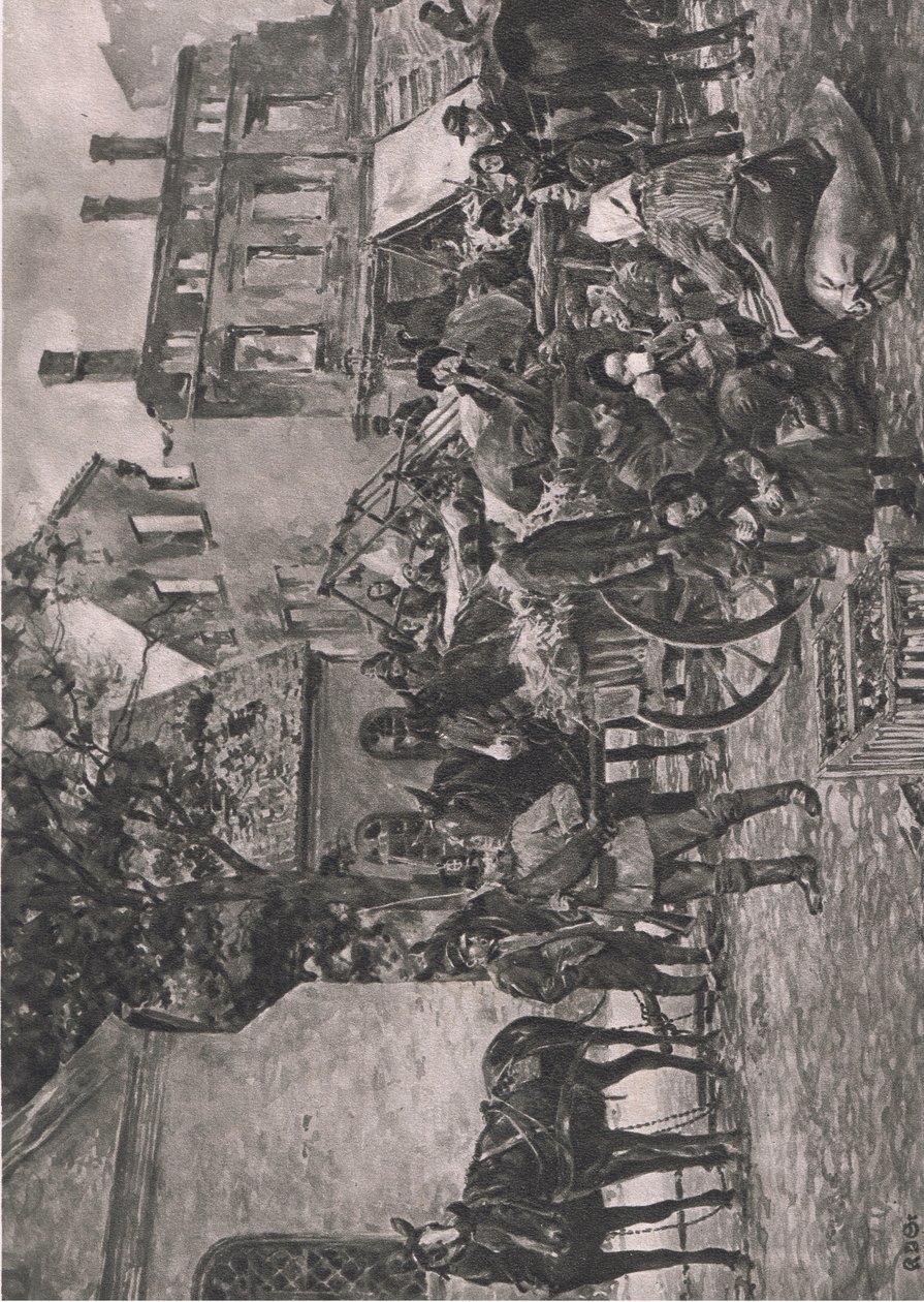Østpreussiske flygtninge, der vender hjem, hviler sig på markedspladsen i Tapiau, illustration fra Hindenburg udgivet af Daterlandischer Derlag C U Weller Berlin af Karl Storch