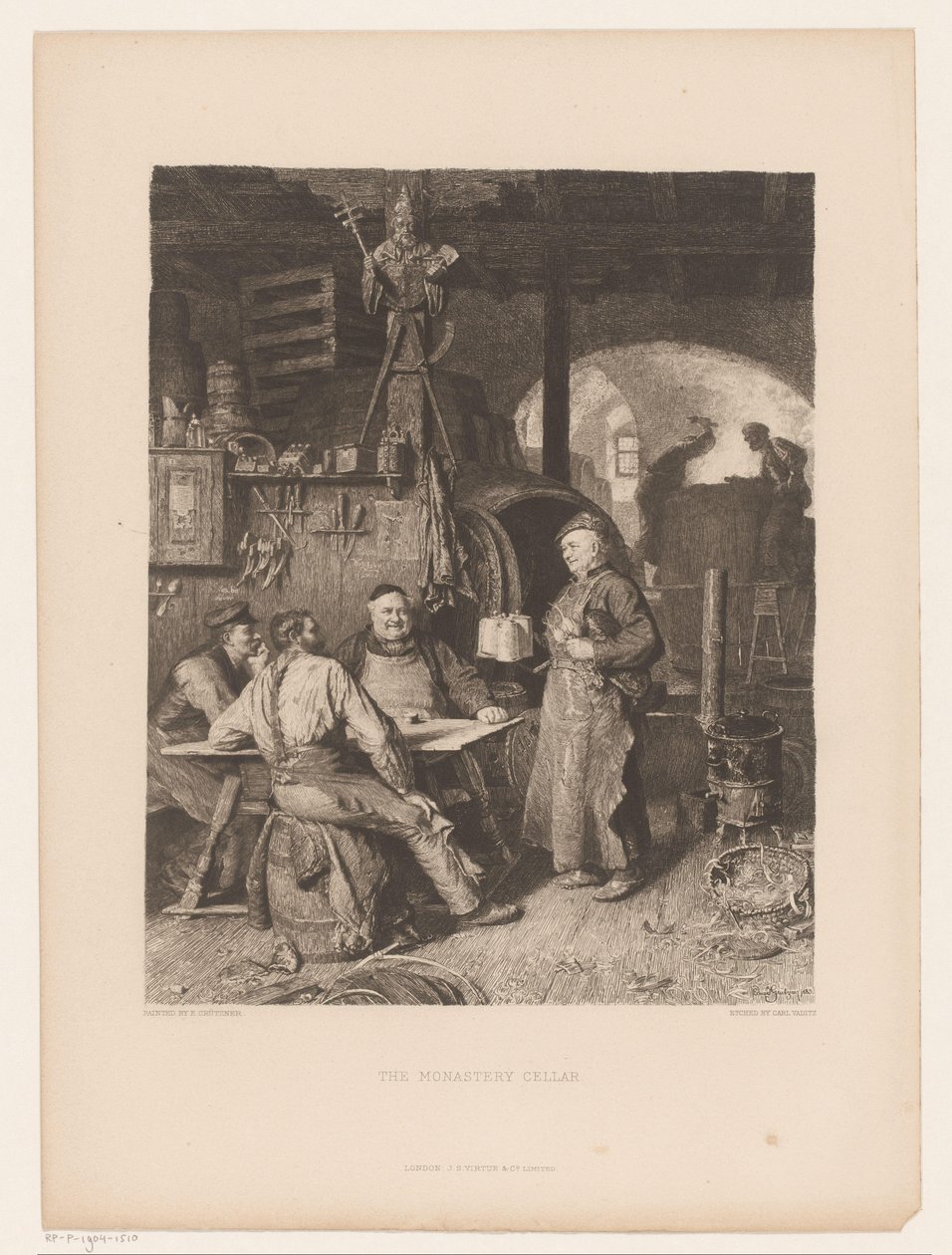 Mænd omkring et bord i en kælder Klosterkælderen (titel på objekt) af Karl Vaditz
