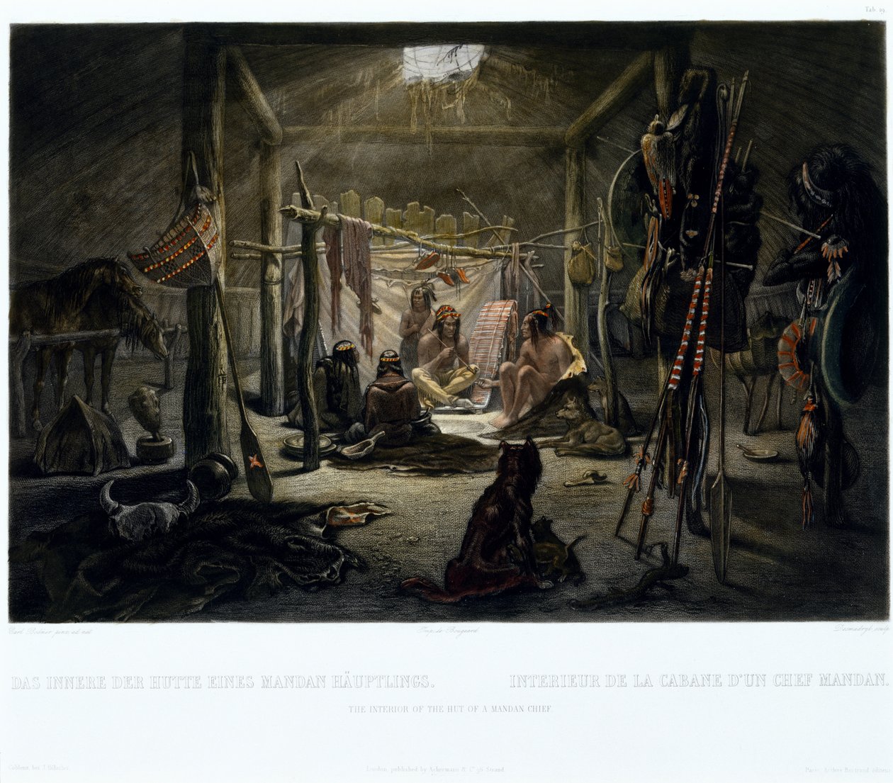 Det indre af en mandanhøvdings hytte, indgraveret af Narcisse Edmond Desmadryl (f.1801) ca. 1835 (gravering med akvatinte) af Karl after Bodmer