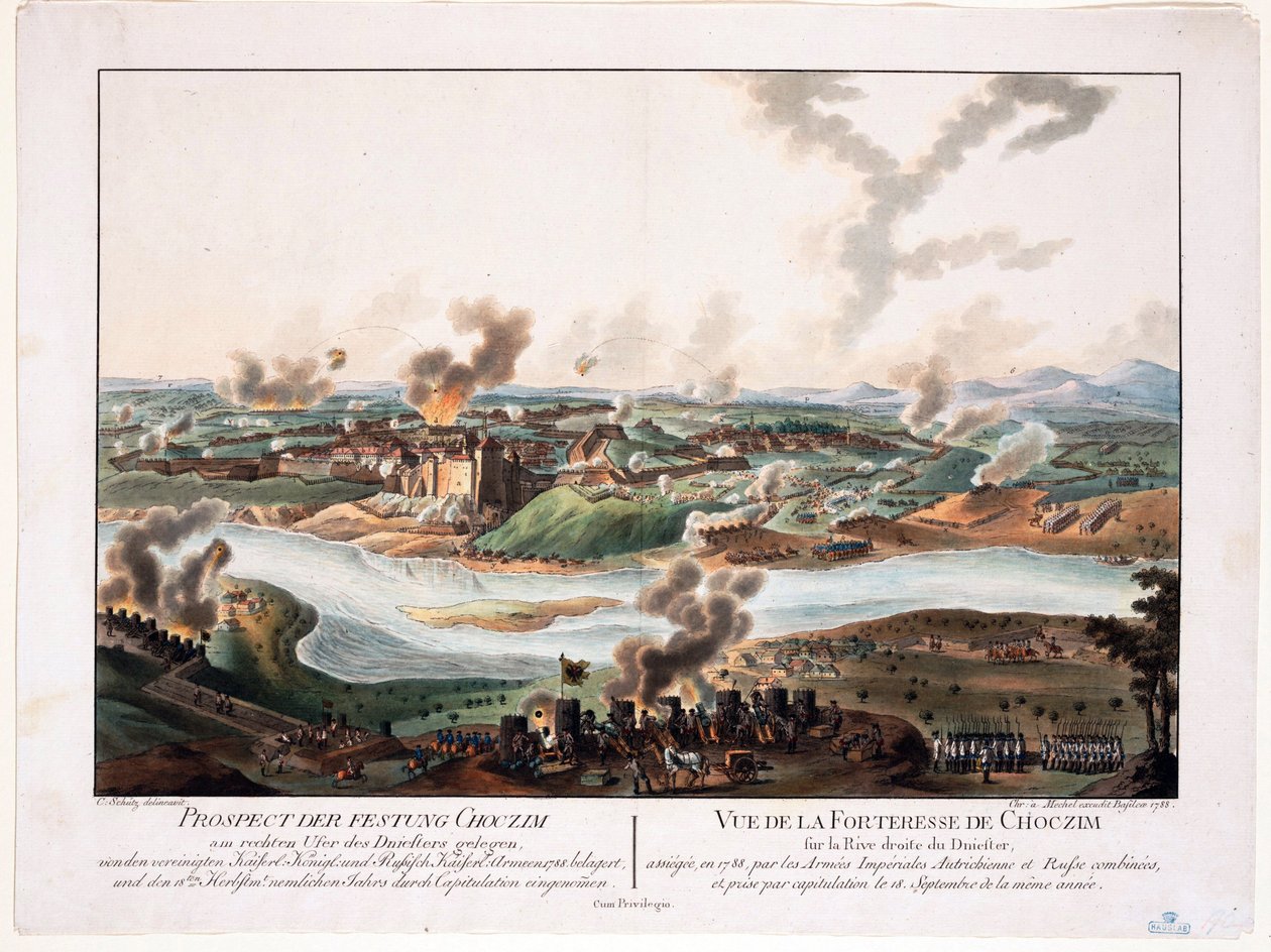 Belejringen af Khotyn (Chocim, Chotyn, Hotin, Choczim ou Khotine, Ukraine) i 1788 - Schuetz, Carl (1745-1800) - 1788 - Kobberstik, akvarel - 36,6x48,3 - Privat samling af Karl von (after) Schutz