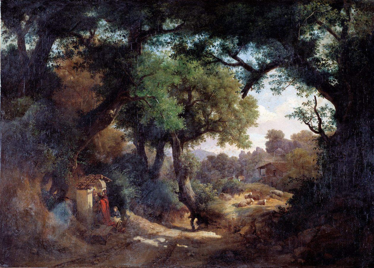 Repræsentation af maleren Andrea del Castagno (1419-1457) med hyrde i et landskab (Portræt af maleren Andrea del Castagno og en hyrde i et landskab) Maleri af Carlo Marko junior (1822-1891) 1863 Dim 59x83 cm Genes, Galleria d 