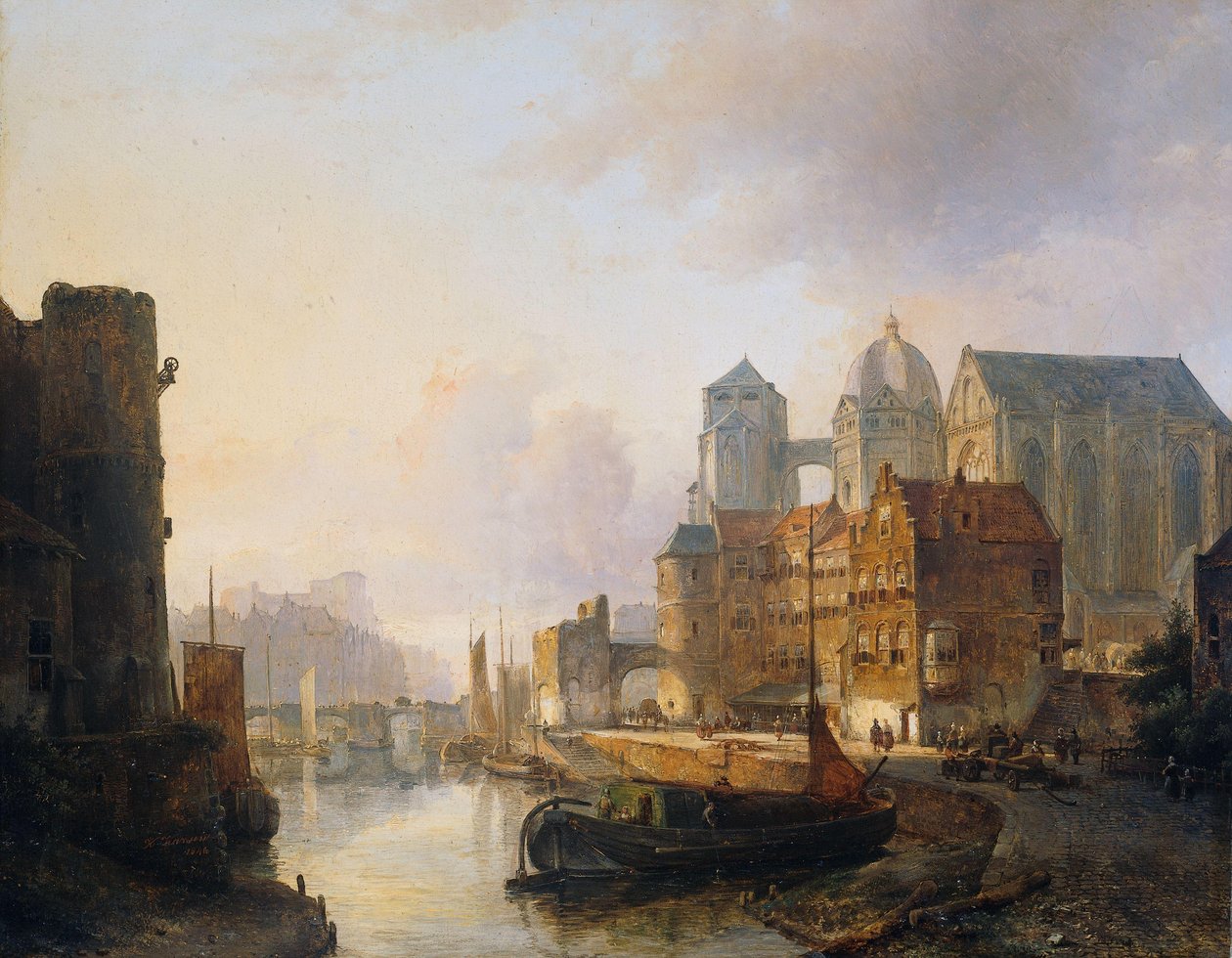 Imaginær udsigt over en by ved floden med Aachen-katedralen af Kasparus Karsen (signed by artist)